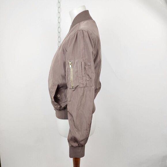 Forever Flower Champagne Brown Zip Front Satin Bomber Jacket 90s Y2K Womens S - Picture 3 of 7
